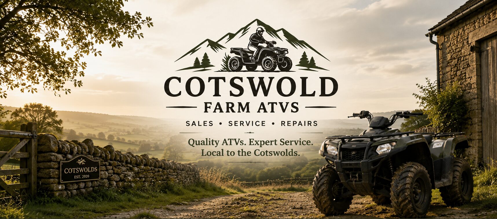 Cotswold Farm ATVs — a quad bike beside a Cotswold stone barn, with the Cotswold Farm ATVs logo and the strapline "Quality ATVs. Expert Service. Local to the Cotswolds."